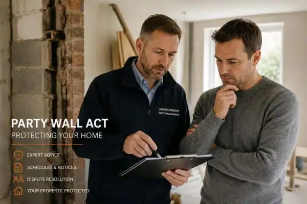 Party wall surveyor Barnet discussing extension plans with homeowner outside a UK semi-detached house.